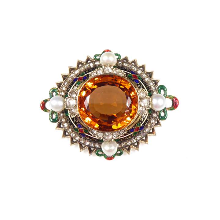 Antique topaz, diamond, pearl and enamel oval cluster brooch